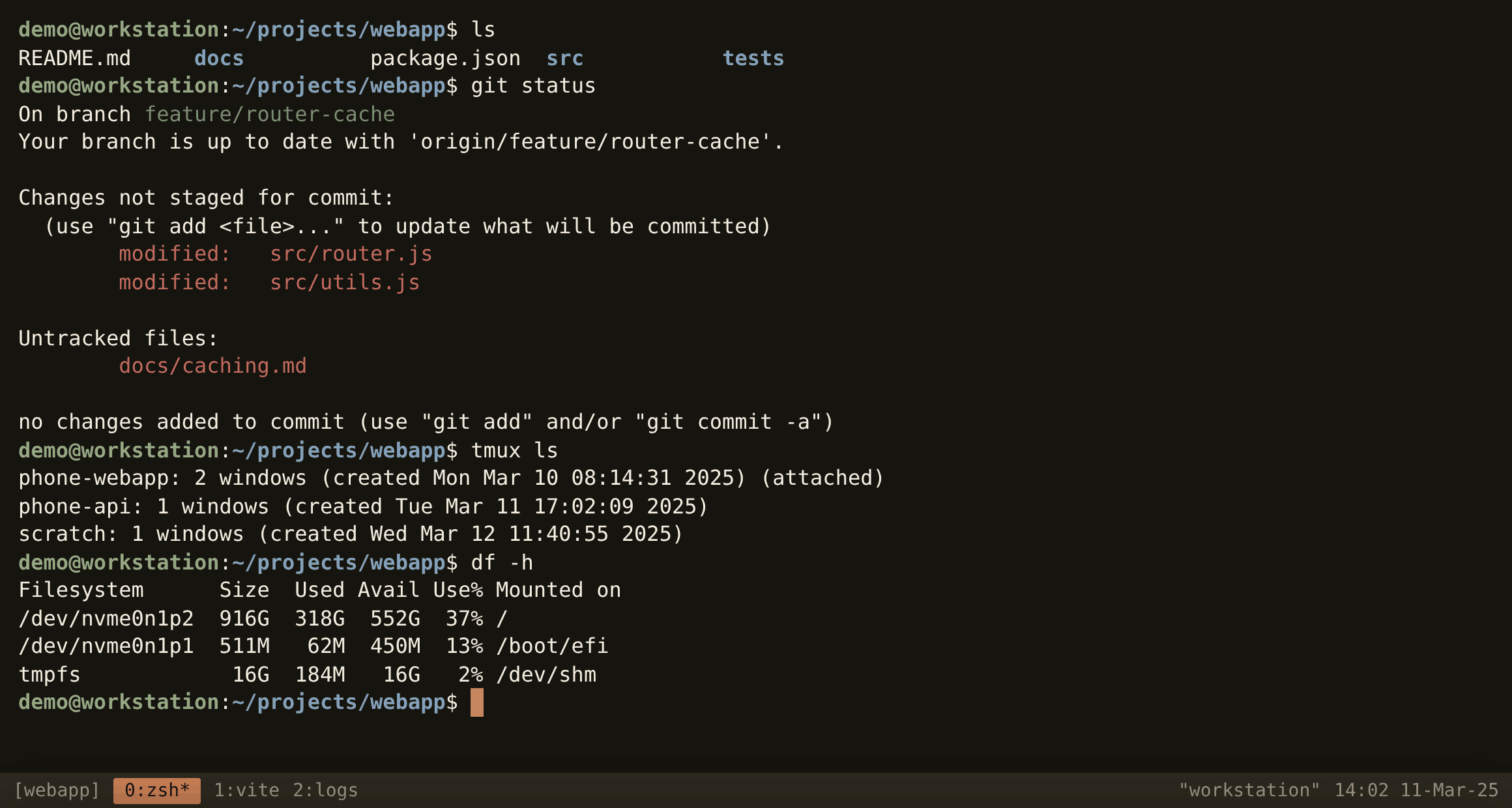 A tmux session in the terminal on a workstation, running ls, git status and tmux ls.
