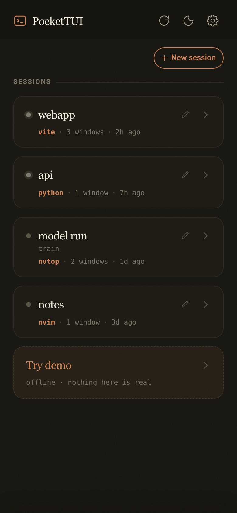 The sessions list on a phone, showing four tmux sessions with their running command, window count and age.